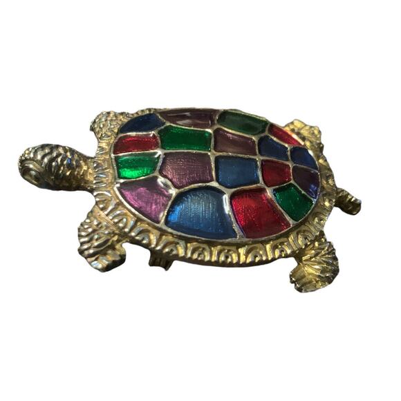 Turtle Brooch Multicolored Painted Shell Signed Pin 1995 BG Bergdorf Goodman - Picture 2 of 6